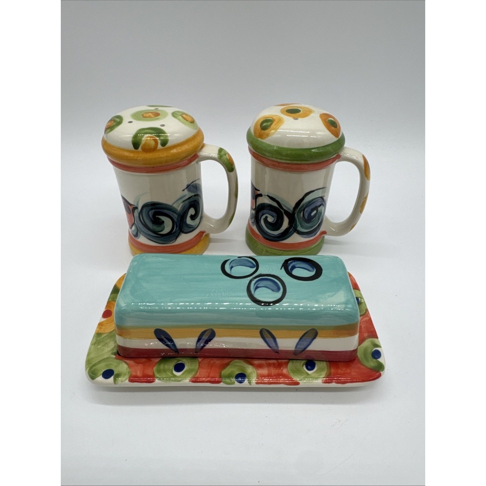 Vicki Carroll Pottery Butter Dish, Salt And Pepper  Hand Painted Splish Splash